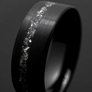 Meteorite Wedding Band in 8mm, Black obsidian brushed Mens Wedding Ring